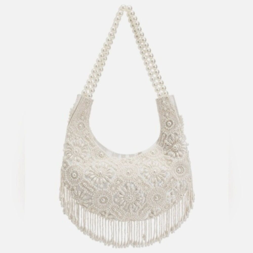 Pearl Beaded Fringe Shoulder Bag - White Floral Handcrafted Evening Purse